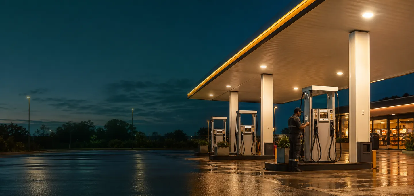 Pista de posto de combustível em operação